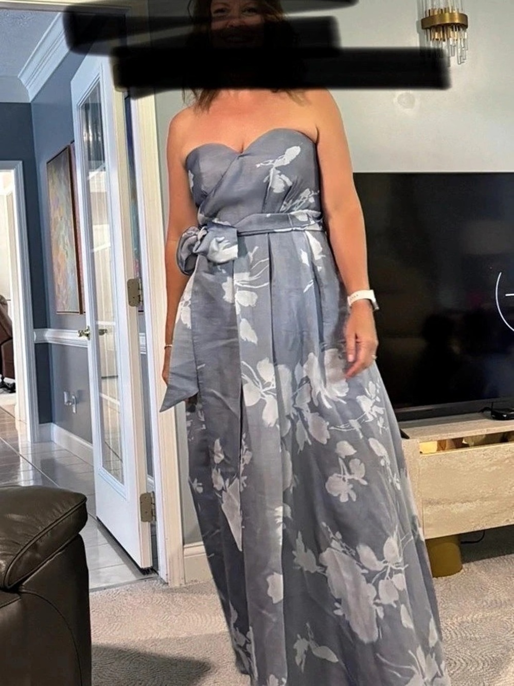 Donna Karan New York Abstract Floral Strapless Gown Blue & White Size 8